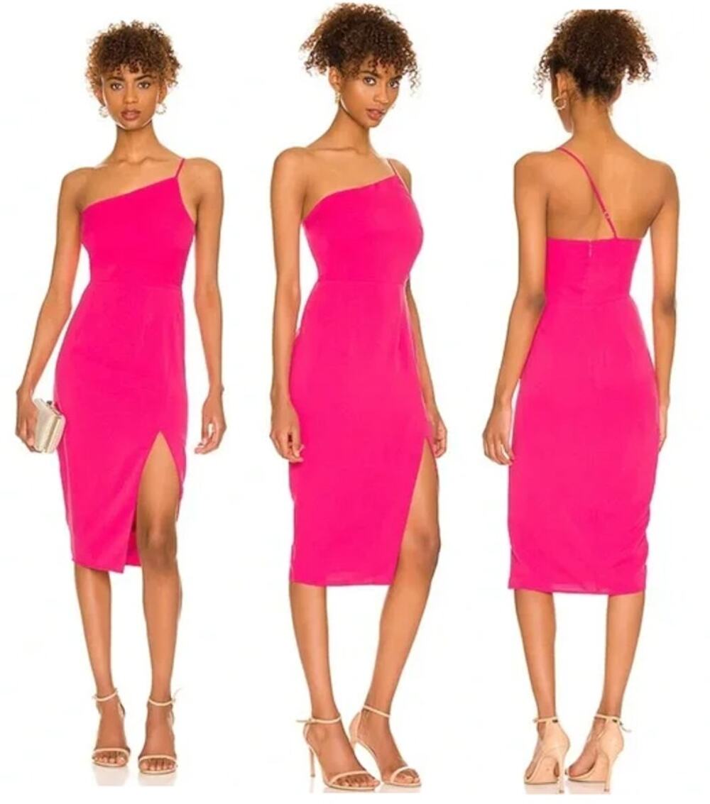 NWT Lovers + Friends Lazo One Shoulder Slit Bodycon Midi Dress Hot Pink Women XS